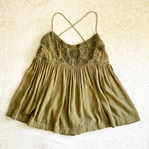 Free People XS Blackbird Boho Top Embroidered Green Sleeveless Backless Tie